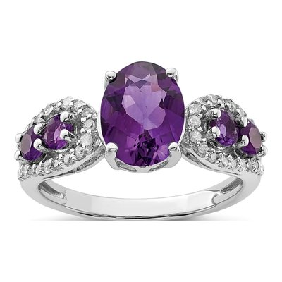 Sterling Silver 1/5 ct tw Amethyst & Diamond Oval Ring