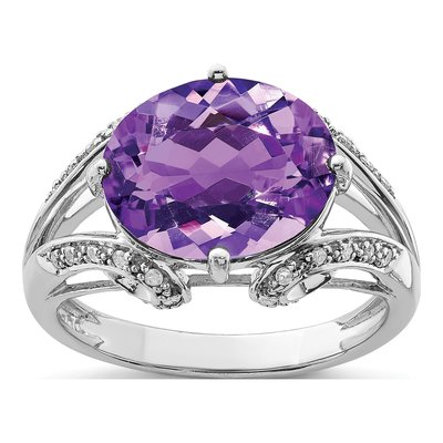 Sterling Silver 1/10 ct tw Amethyst & Diamond Oval Ring