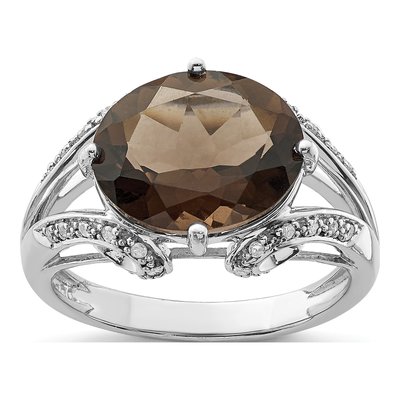 Sterling Silver 1/10 ct tw Smoky Quartz & Diamond Oval Ring