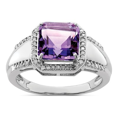 Sterling Silver 0.22 ct tw Amethyst & Diamond Square Ring