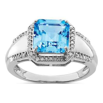 Sterling Silver 0.22 ct tw Swiss Blue Topaz & Diamond Square Ring