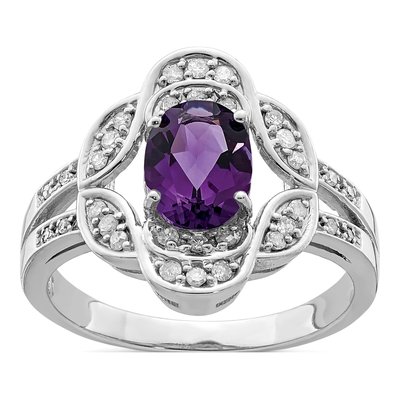Sterling Silver 1/5 ct tw Amethyst & Diamond Oval Ring
