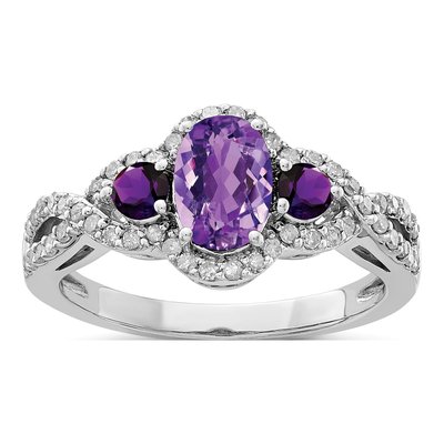 Sterling Silver 1/4 ct tw Amethyst & Diamond Oval Ring