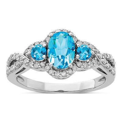 Sterling Silver 1/4 ct tw Swiss Blue Topaz & Diamond Oval Ring