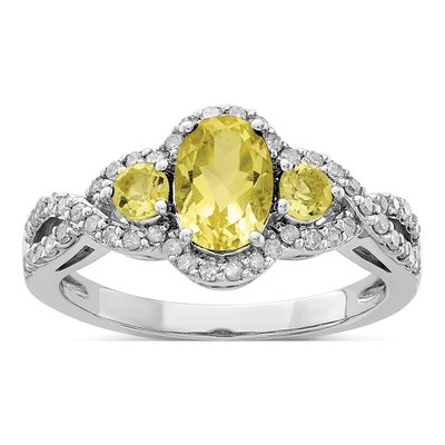 Sterling Silver 1/4 ct tw Lemon Quartz & Diamond Oval Lemon Ring