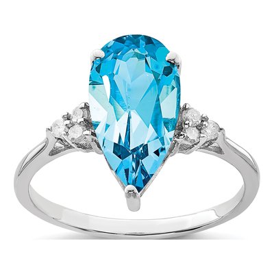 Sterling Silver 0.09 ct tw Swiss Blue Topaz & Diamond Pear Ring