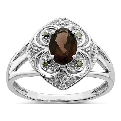 Sterling Silver Smoky Quartz & Diamond Oval Ring