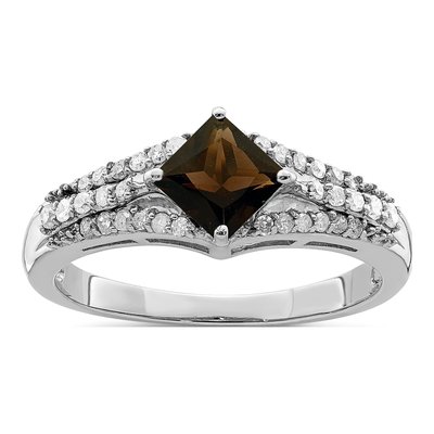 Sterling Silver 0.18 ct tw Smoky Quartz & Diamond Ring
