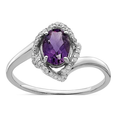 Sterling Silver 1/10 ct tw Amethyst & Diamond Oval Ring
