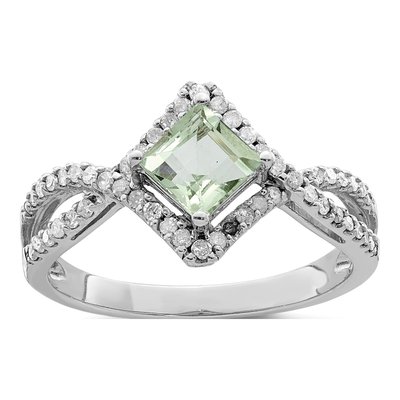 Sterling Silver 1/4 ct tw Green Quartz & Diamond Ring