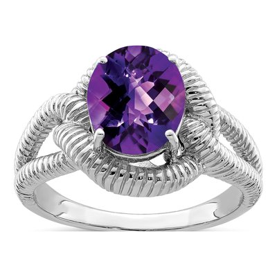 Sterling Silver Amethyst Checker-Cut Ring