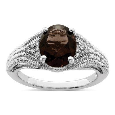 Sterling Silver 1/20 ct tw Smoky Quartz & Diamond Oval Ring