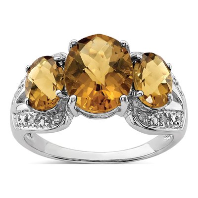 Sterling Silver 1/20 ct tw Whiskey Quartz & Diamond Oval Checker-Cut Whiskey Ring