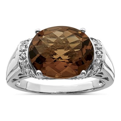 Sterling Silver Smoky Quartz & Diamond Checker-Cut Ring