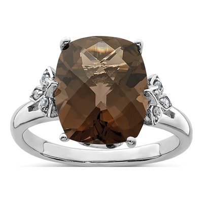 Sterling Silver Smoky Quartz & Diamond Checker-Cut Ring