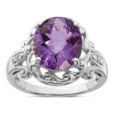 Sterling Silver Amethyst & Diamond Oval Ring