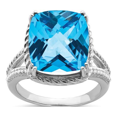 Sterling Silver Swiss Blue Topaz Checkerboard-Cut Ring