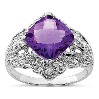 Sterling Silver 1/15 ct tw Amethyst & Diamond Checkerboard Ring