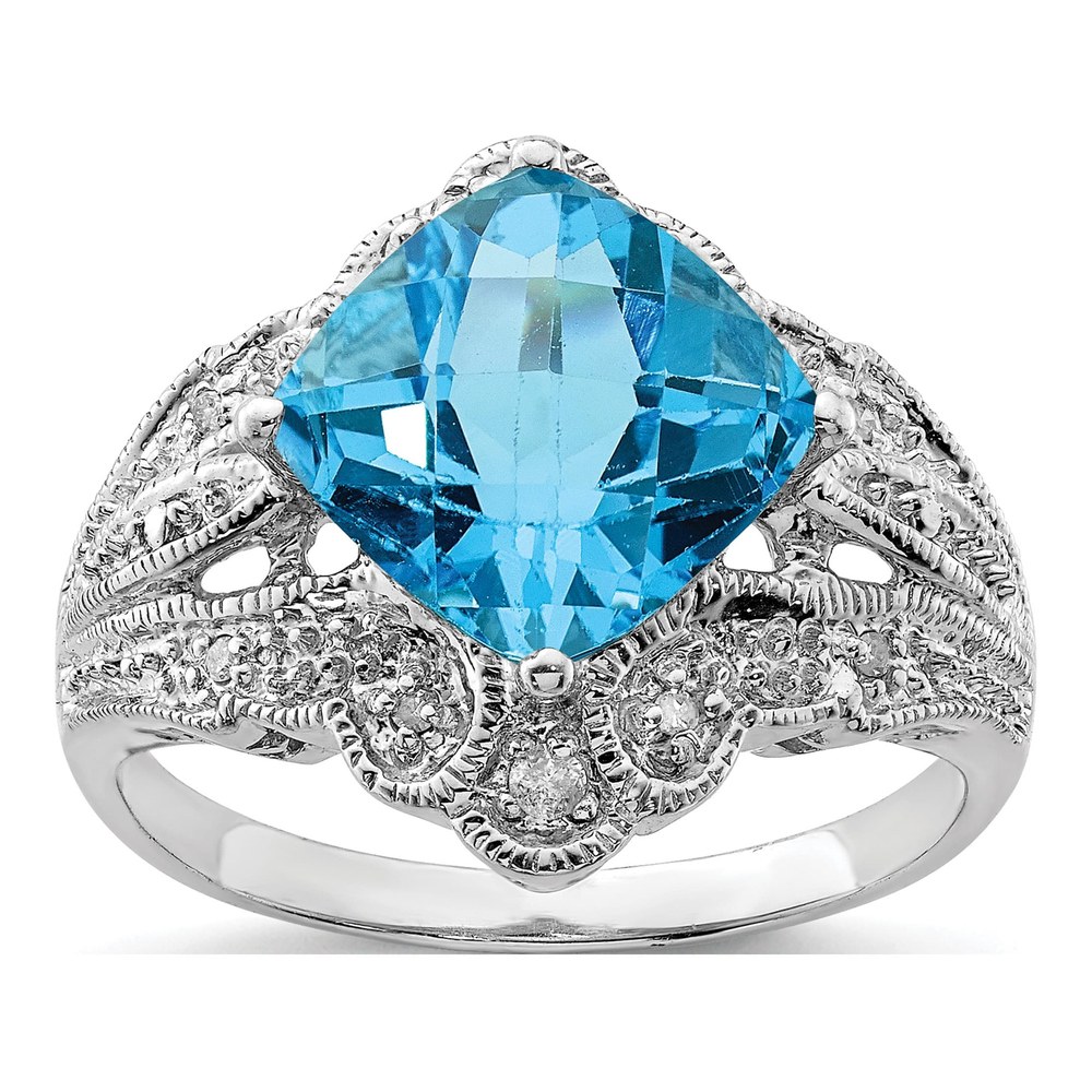 Sterling Silver 1/15 ct tw Swiss Blue Topaz & Diamond Checkerboard Ring
