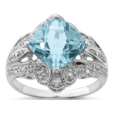 Sterling Silver 1/15 ct tw Sky Blue Topaz & Diamond Checker-Cut Ring