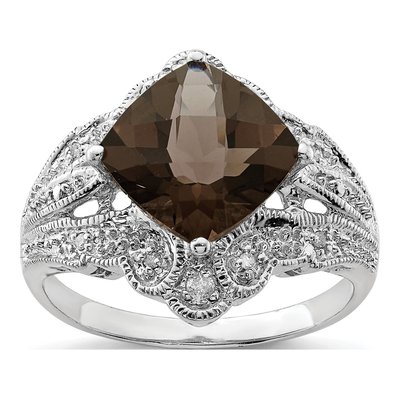 Sterling Silver 1/15 ct tw Smoky Quartz & Diamond Checker-Cut Ring