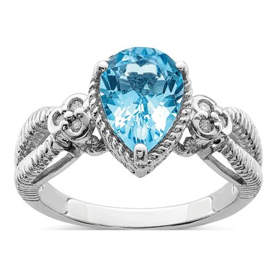 Sterling Silver 1/20 ct tw Swiss Blue Topaz & Diamond Pear Ring