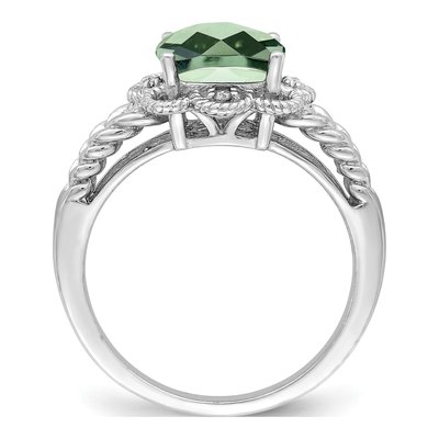 Sterling Silver Green Quartz & Diamond Checkerboard Ring – view 2