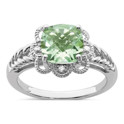 Sterling Silver Green Quartz & Diamond Checkerboard Ring