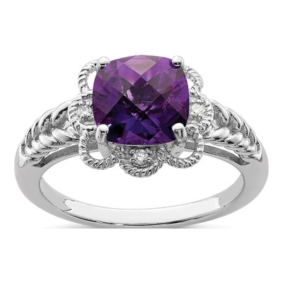 Sterling Silver Amethyst & Diamond Checkerboard Ring