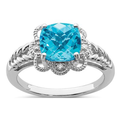 Sterling Silver Swiss Blue Topaz & Diamond Checkerboard Ring