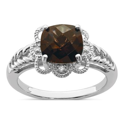 Sterling Silver Smoky Quartz & Diamond Checker-Cut Ring