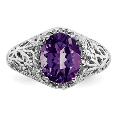 Sterling Silver 1/8 ct tw Amethyst & Diamond Oval Ring – view 5