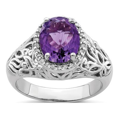Sterling Silver 1/8 ct tw Amethyst & Diamond Oval Ring