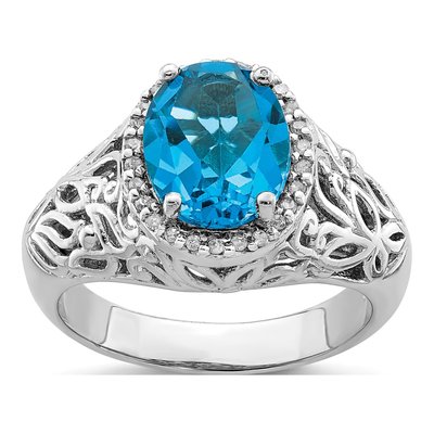 Sterling Silver 1/8 ct tw Swiss Blue Topaz & Diamond Oval Ring
