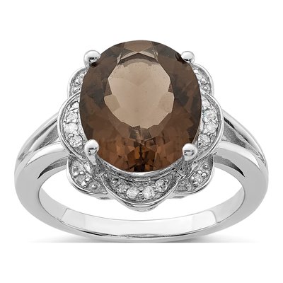 Sterling Silver 1/10 ct tw Smoky Quartz & Diamond Oval Ring