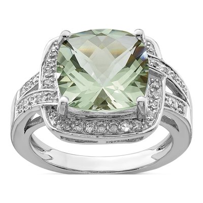 Sterling Silver 1/5 ct tw Green Quartz & Diamond Ring