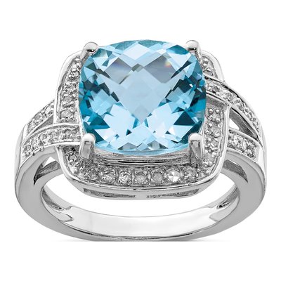 Sterling Silver 1/5 ct tw Swiss Blue Topaz & Diamond Checker-Cut Ring