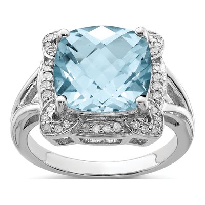 Sterling Silver 1/7 ct tw Sky Blue Topaz & Diamond Checker-Cut Ring