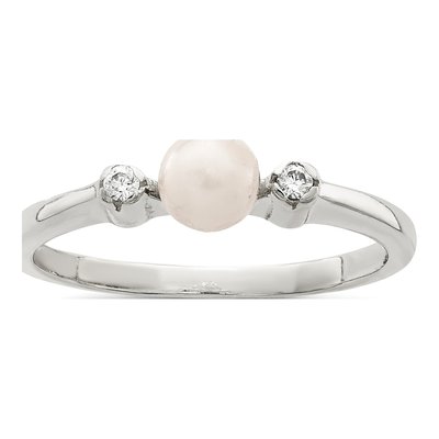 Sterling Silver Simulated Pearl & CZ Ring