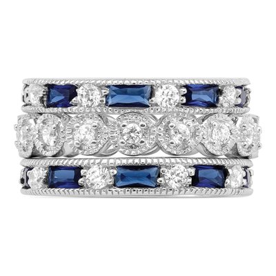 Sterling Silver Blue & White CZ 3-Band Ring Set – view 5