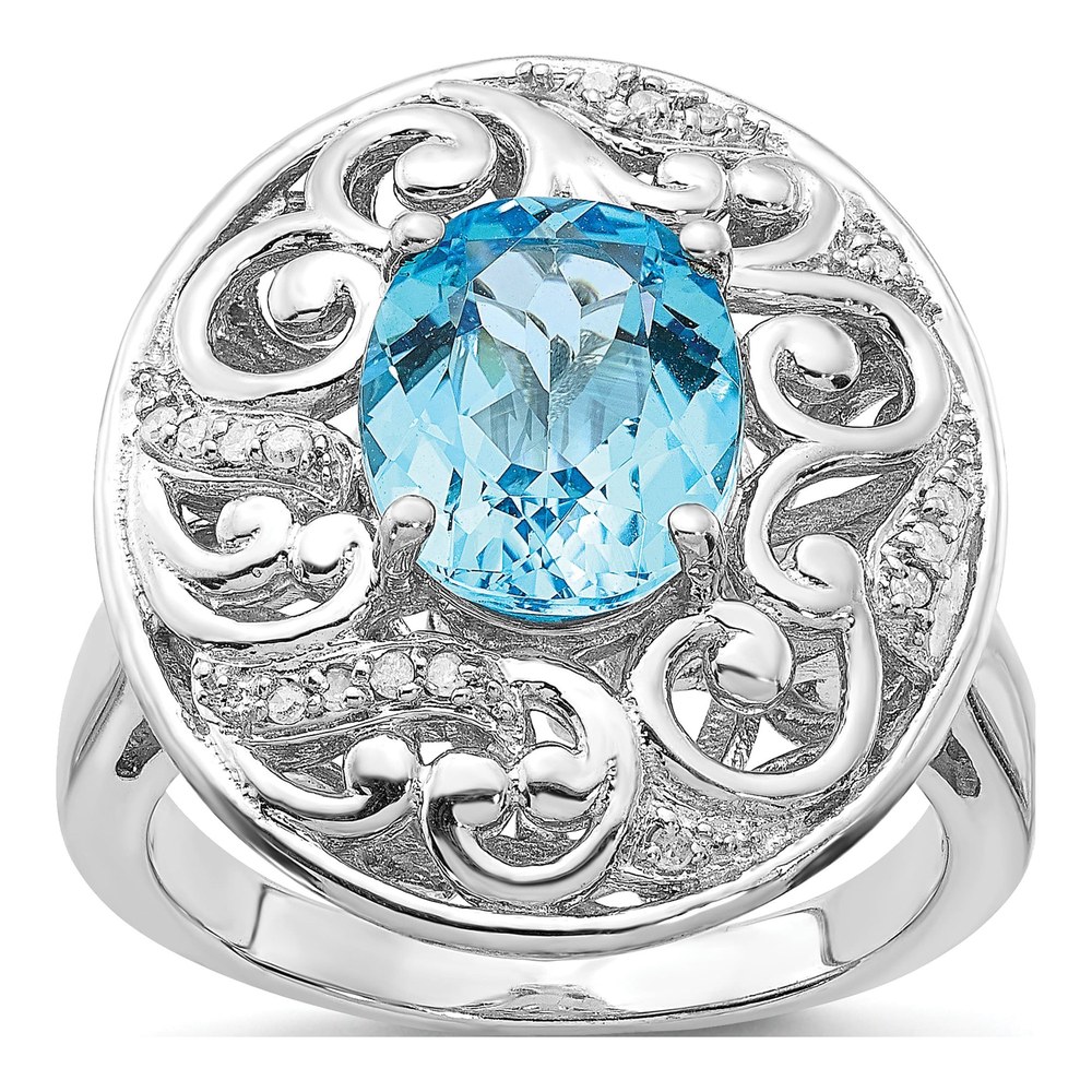 Sterling Silver Rhodium-Plated Rhodium Blue Topaz And Diam. Ring