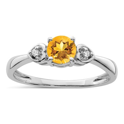 Sterling Silver Citrine & Diamond Round Ring