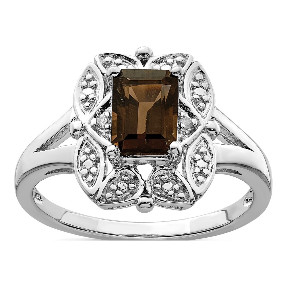 Sterling Silver Rhodium-Plated Rhodium Diam. & 0.965ct Smoky Quartz Ring