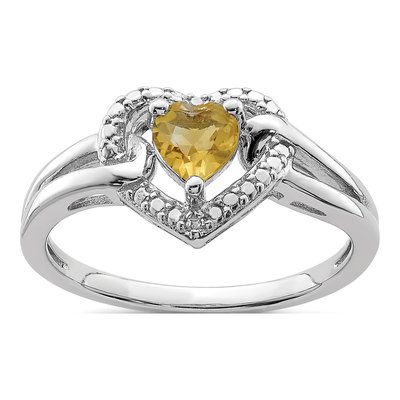 Sterling Silver Whiskey Quartz & Diamond Whiskey Heart Ring
