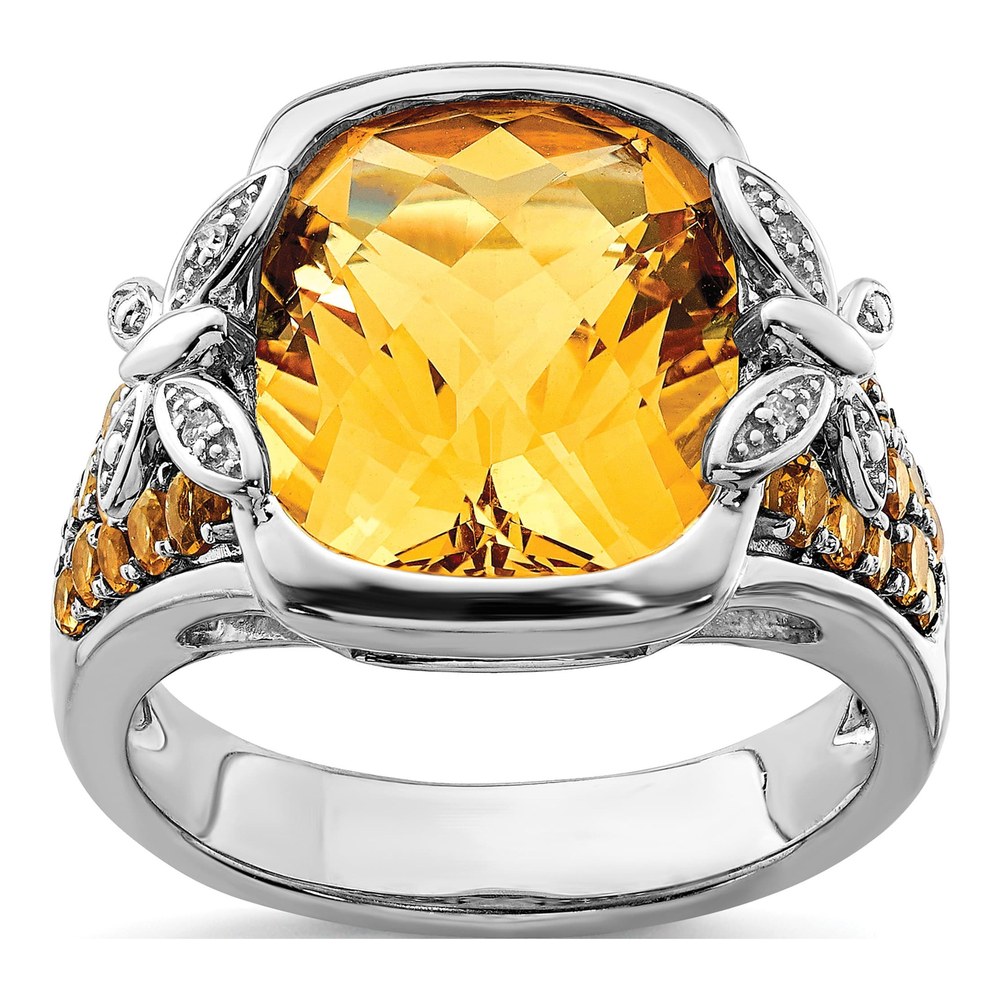 Sterling Silver Rhodium-Plated Rhodium Diam. And Citrine Ring