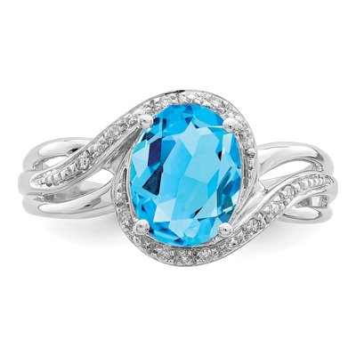 Sterling Silver 1/20 ct tw Swiss Blue Topaz & Diamond Oval Ring – view 6