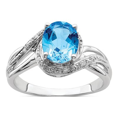 Sterling Silver 1/20 ct tw Swiss Blue Topaz & Diamond Oval Ring