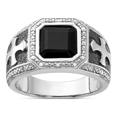 Men's Sterling Silver 1/8 ct tw Onyx & Diamond Cross Ring