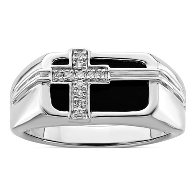 Men's Sterling Silver 1/20 ct tw Onyx & Diamond Cross Ring