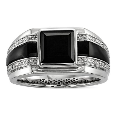 Men's Sterling Silver 1/20 ct tw Onyx & Diamond Ring